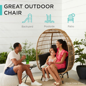 Wicker Egg Chair Oversized Indoor Outdoor Patio Lounger W/ Steel Frame, 440Lb Capacity - Ivory
