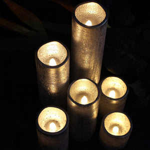 Flameless LED Candles Battery Operated with Timer Slim Set of 6, 2 Inches Wide and 2-9 Inches Tall, Silvercoated Wax and Flickering Warm White Flame for Home Holiday Decor or Christmas Decorations