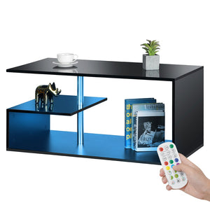 High Gloss Coffee Table with Open Shelf LED Lights Smart APP Control Black Center Sofa End Table S Shaped Modern Cocktail Tables with for Living Room