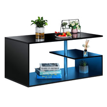 High Gloss Coffee Table with Open Shelf LED Lights Smart APP Control Black Center Sofa End Table S Shaped Modern Cocktail Tables with for Living Room