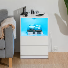 Open Shelf LED Nightstand with Charging Station 2 Drawers Bedside Table RGB Led Light Smart Nightstands White Night Table Storage High Gloss Side Table for Bedroom Furniture 26.77 in Tall
