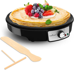 Electric Crepe Maker & Griddle Cooktop - Nonstick 12 Inch Aluminum Hot Plate with LED Indicator Lights & Adjustable Temperature Control - Wooden Spatula & Batter Spreader Included