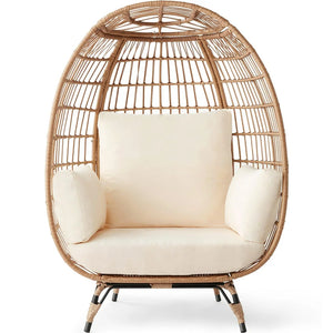 Wicker Egg Chair Oversized Indoor Outdoor Patio Lounger W/ Steel Frame, 440Lb Capacity - Ivory