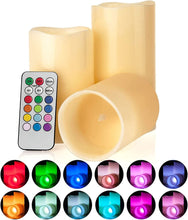 LED Multi Colored Flameless Candles Battery Operated, 3 round Ivory Wax with Multi-Function Timer Remote Control, Flickering Flame Candle Set for Room Decor for Teens by