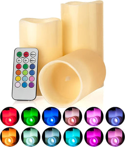 LED Multi Colored Flameless Candles Battery Operated, 3 round Ivory Wax with Multi-Function Timer Remote Control, Flickering Flame Candle Set for Room Decor for Teens by