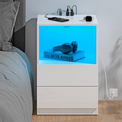 Open Shelf LED Nightstand with Charging Station 2 Drawers Bedside Table RGB Led Light Smart Nightstands White Night Table Storage High Gloss Side Table for Bedroom Furniture 26.77 in Tall